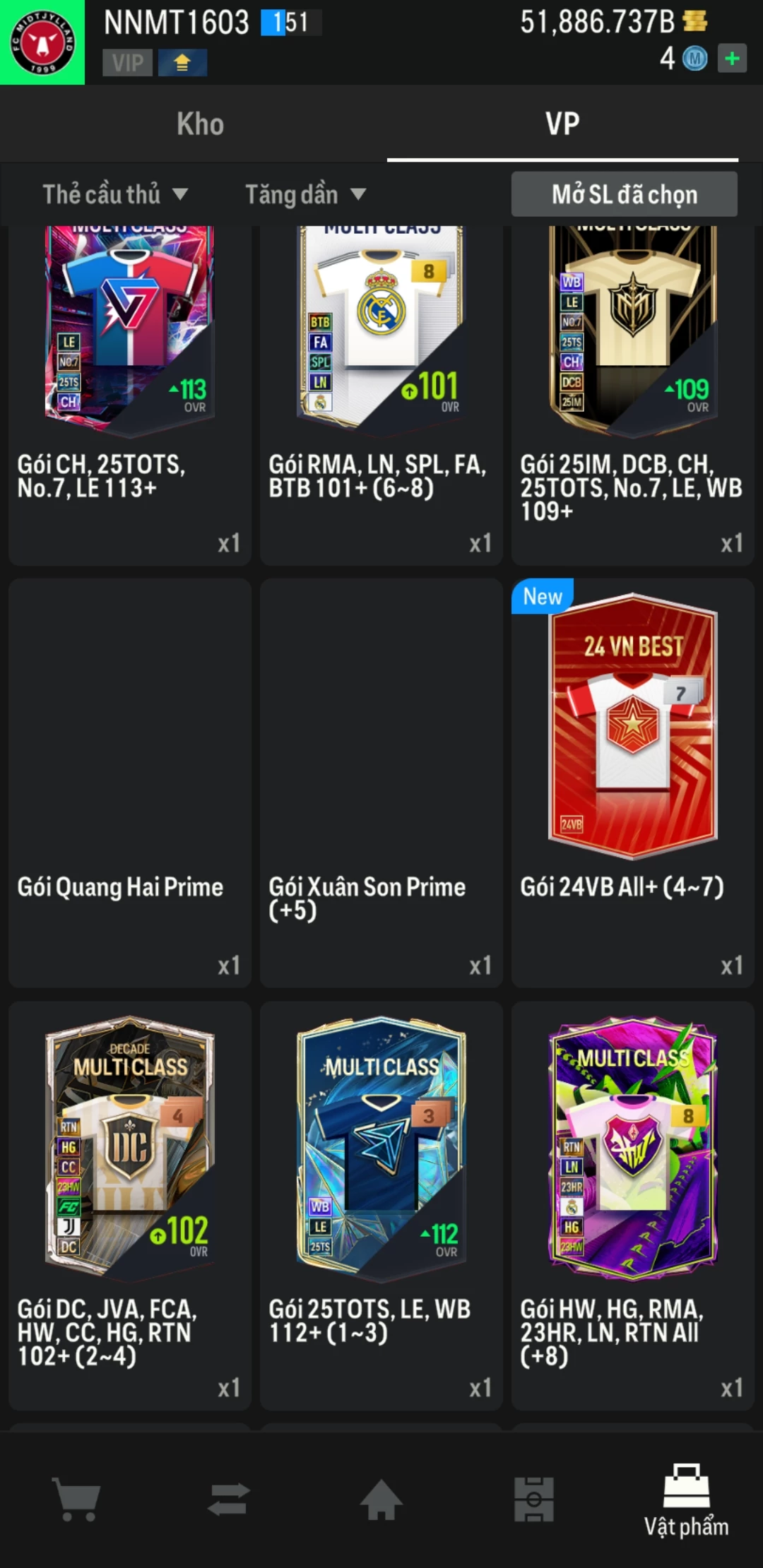 Ảnh ACC mở thẻ (LOẠI SVIP PROMAX) bao gồm có thẻ +12, Thẻ PRIME(QH+, CP+, XS+) và hơn 1500+ đến 1700+ thẻ cầu thủ từ Siêu sao đến Miền núi các loại. Acc có sẵn BP trắng từ 50.000 tỷ BP đến 62.000 tỷ BP